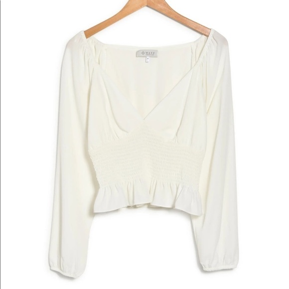 NWT WAYF Smocked Waist Ruffle Trim Raglan Long Sleeve Blouse White - Picture 3 of 4